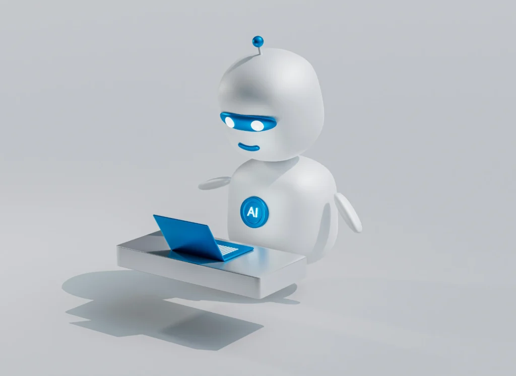 Robot com visual amigável interagindo com um laptop, representando o uso de chatbots e assistentes virtuais no engajamento personalizado com clientes.
