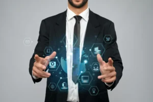 Homem de terno interagindo com ícones digitais representando modelos de negócio físico, digital e híbrido, ideal para quem busca decidir qual modelo de negócio escolher.