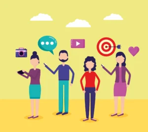 Ilustração de pessoas discutindo sobre como identificar e definir o público-alvo para estratégias de marketing e negócios.