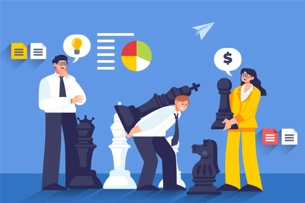 Ilustração comparativa entre liderança produtiva e microgerenciamento, destacando estratégias de gerenciamento eficazes com pessoas e tarefas, incluindo elementos como xadrez e gráficos.