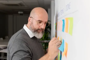 Homem planejando estratégia de negócios com post-its coloridos em quadro branco, reforçando a importância do planejamento estratégico e execução eficiente.