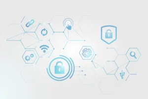 Cibersegurança: Principais Ameaças Digitais e Como Evitá-las: Ilustração em estilo tecnológico com ícones de cibersegurança, como cadeado com sinal de rede, proteção digital e alertas, conectados por uma malha de hexágonos.