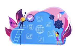 Computação Em Nuvem: Como Funciona e Quais São As Vantagens Para Empresas: Ilustração sobre Computação Em Nuvem: uma pessoa em pé ao lado de um grande servidor em nuvem com ícones de dados, segurança e gráficos, além de ferramentas digitais ao fundo.