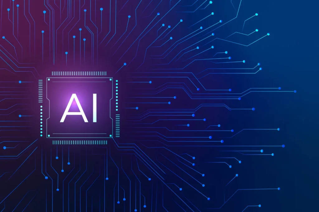 Inteligência Artificial No Trabalho: Ferramentas Que Podem Facilitar Tarefas Do Ddia a Dia: Ilustração de tecnologia com chip de processador exibindo a sigla AI sobre fundo azul com circuitos e conexões digitais, representando Inteligência Artificial no trabalho.