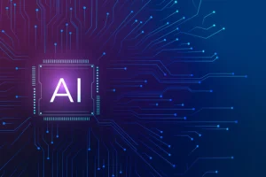 Inteligência Artificial No Trabalho: Ferramentas Que Podem Facilitar Tarefas Do Ddia a Dia: Ilustração de tecnologia com chip de processador exibindo a sigla AI sobre fundo azul com circuitos e conexões digitais, representando Inteligência Artificial no trabalho.